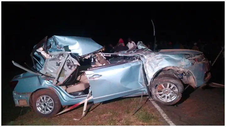 What was left of Kelvin Kiptum's car after the road accident. Photo: Stephen Rutto.