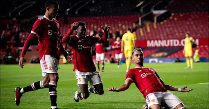 Andreas Pereira of Man United celebrates scoring a goal to make the score 2-1 during the pre-season friendly match against Brentford at Old Trafford on July 28, 2021. (Photo by Ash Donelon/Manchester United via Getty Images)
