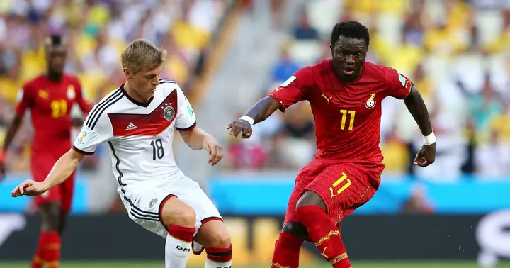 Ghana legend Sulley Muntari in action against Germany at the World Cup. SOURCE: Twitter/ @ghanafaofficial
