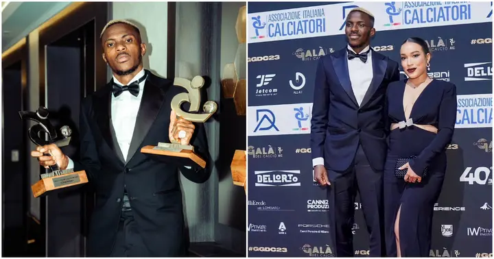 Victor Osimhen displaying his awards at the Gran Gala del Calcio and with his partner, Stefanie Kim Ladewig.