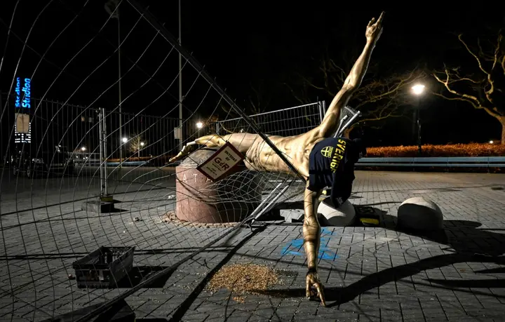 Foul play: The statue of Ibrahimovic outside Malmo FF stadium after it was destroyed