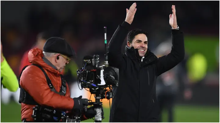 Mikel Arteta gestures after the Premier League match between Brentford FC and Arsenal FC at Gtech Community Stadium. Photo by David Price.