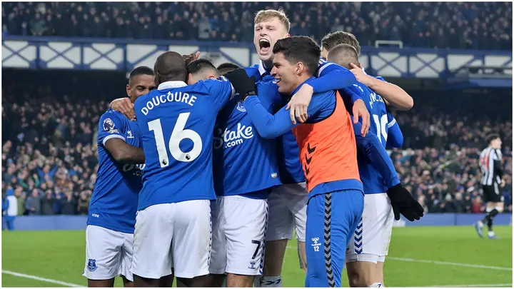 Everton players celebrate during their Premier League match against Newcastle United at Goodison Park. Photo by Tony McArdle.