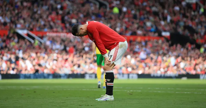 Cristiano Ronaldo looks dejected during the Premier League match between Manchester United and Norwich City at Old Trafford. Photo by Simon Stacpoole.