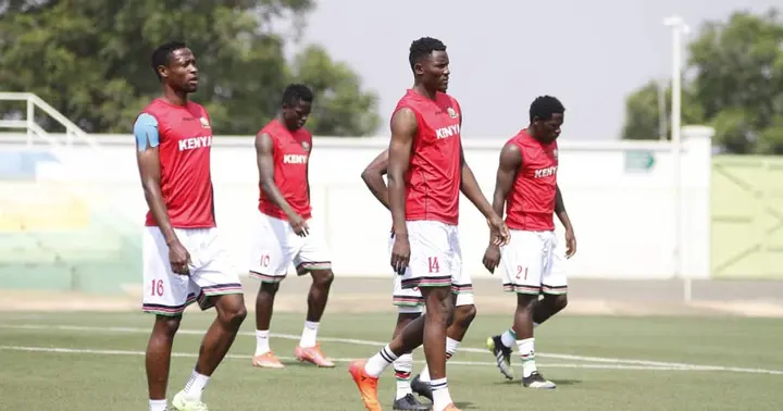 Harambee Stars during their final session before taking on Rwanda in Kigali during a World Cup qualifier. Photo: Twitter/Harambee Stars.