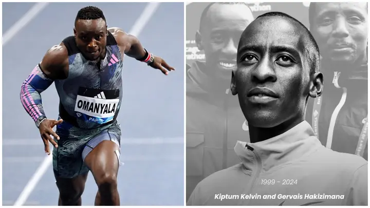 Ferdinand Omanyala has shared his condolences with Kelvin Kiptum's family. Photos: Ferdiomanyala.