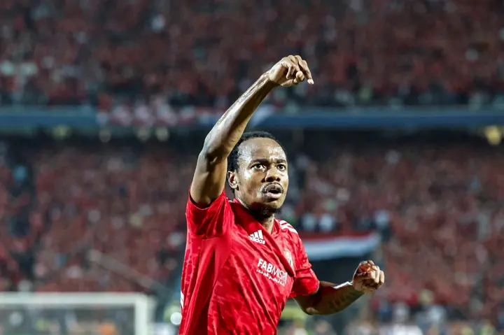 Percy Tau celebrates scoring for Al Ahly against Wydad Casablanca in the first leg of the CAF Champions League final