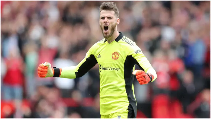 David De Gea celebrates during the Premier League match between Manchester United and West Ham United at Old Trafford. Photo by Naomi Baker.