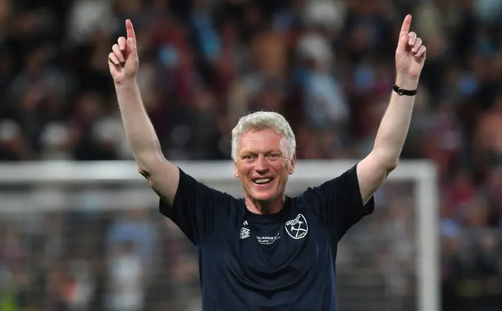 West Ham manager David Moyes celebrates after the Europa Conference League final