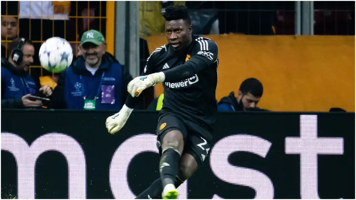 Andre Onana in action during the UEFA Champions League match between Galatasaray A.S. and Manchester United at Ali Sami Yen Arena. Photo by Ash Donelon.