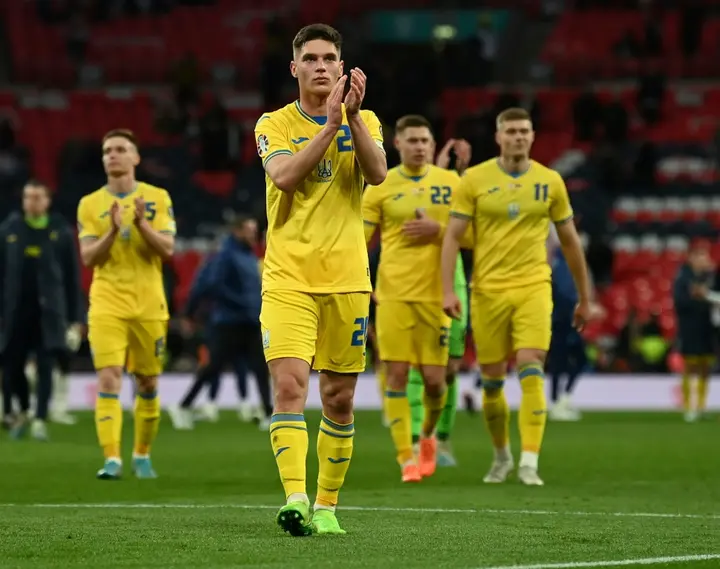 Ukraine players applaud their fans after their 2-0 defeat to England at Wembley