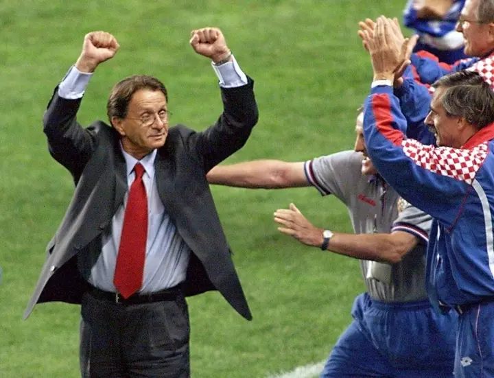 Miroslav Blazevic celebrating after Croatia beat the Netherlands at the Parc des Princes in Paris to take third place in the 1998 World Cup
