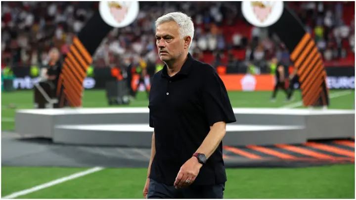 Jose Mourinho looks dejected during the UEFA Europa League 2022/23 final match between Sevilla FC and AS Roma at Puskas Arena. Photo by Maja Hitij.
