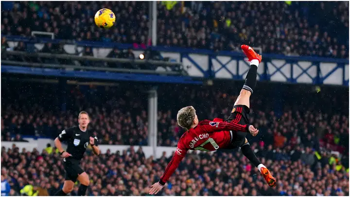 Alejandro Garnacho scores an overhead kick during the Premier League match at Goodison Park. Photo by Peter Byrne.