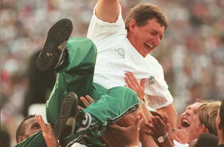 Clive Barker celebrates winning the 1996 Africa Cup of Nations final against Tunisia in Johannesburg.