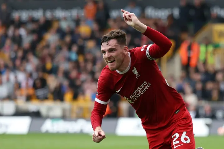 Liverpool's Andy Robertson celebrates his goal against Wolves