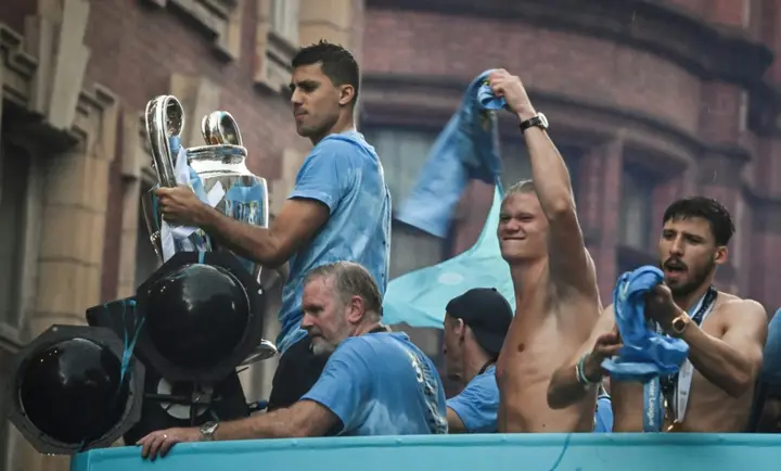 Manchester City players celebrated winning the treble