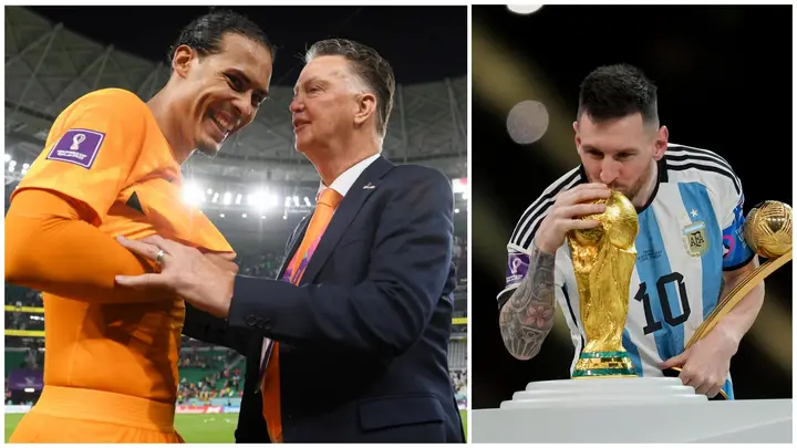 Virgil van Dijk alongside Dutch manager, Louis van Gaal, while Lionel Messi kisses the World Cup trophy. Van Gaal claims the tournament was rigged.