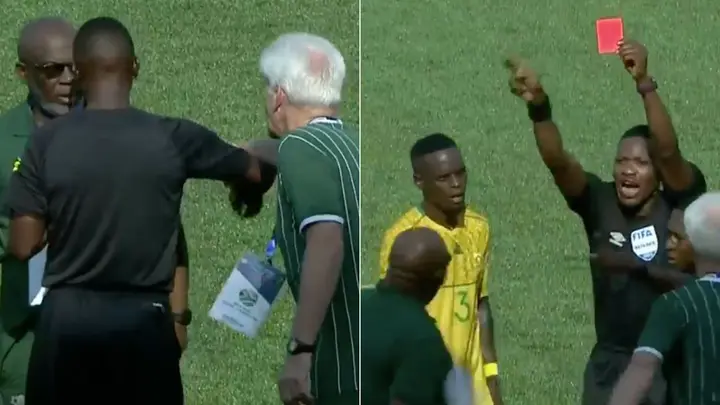 red card, vincent tseka, sent off, south africa, liberia, 2023 africa cup of nations, qualifier, team manager, hugo broos, ivory coast.