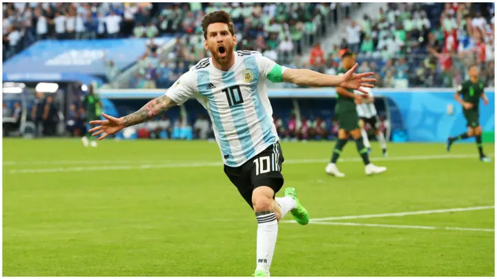 Lionel Messi celebrates after scoring during the FIFA World Cup. Photo by Alex Livesey.