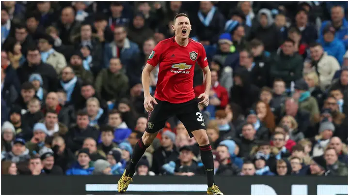 Nemanja Matic celebrates after scoring during a Carabao Cup match between Manchester City and Manchester United at Etihad Stadium. Photo by Alex Livesey.