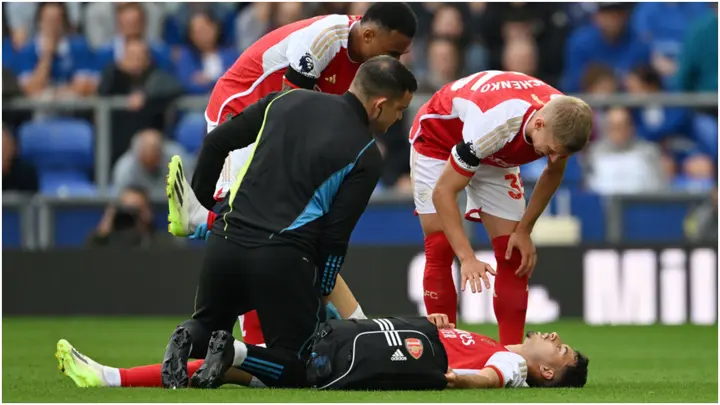Gabriel Martinelli receives medical treatment after sustaining an injury during the Premier League match between Everton FC and Arsenal FC at Goodison Park. Photo by Stu Forster.