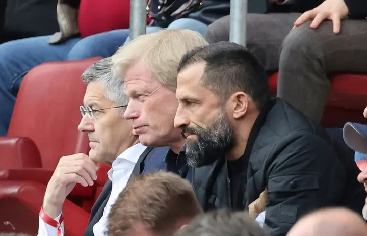 Bayern Munich's President Herbert Hainer, CEO Oliver Kahn and sporting director Hasan Salihamidzic watching the club in action in April