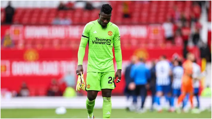 A dejected Andre Onana during the Premier League match between Manchester United and Brighton at Old Trafford. Photo by Robbie Jay Barratt.