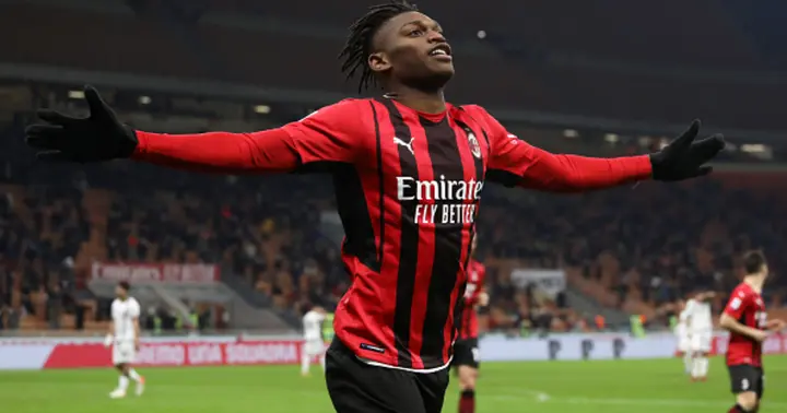Rafael Leao of AC Milan celebrates after scoring the opening goal during the Serie A match between AC Milan and Spezia Calcio at Stadio Giuseppe Meazza on January 17, 2022 in Milan, Italy. (Photo by Marco Luzzani/Getty Images)