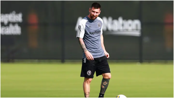 Lionel Messi looks on during an Inter Miami CF Training Session at Florida Blue Training Center. Photo by Megan Briggs.