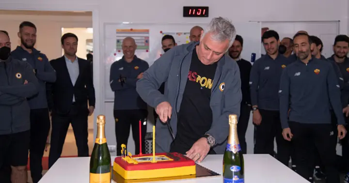 AS Roma players celebrate caoch Jose Mourinho's birthday at Centro Sportivo Fulvio Bernardini on January 26, 2022 in Rome, Italy. (Photo by Luciano Rossi/AS Roma via Getty Images)