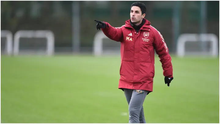 Mikel Arteta gestures during a training session at London Colney in St Albans. Photo by Stuart MacFarlane.