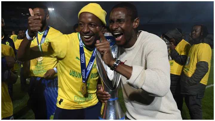 Rulani Mokwena and Khuliso Mudau celebrate Mamelodi Sundowns winning the DStv Premiership, with Mudau linked to a move to Burnley in England.