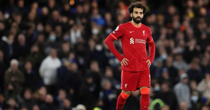 A dejected Mohamed Salah after Christian Pulisic of Chelsea scored a goal to make it 2-2 during the Premier League match between Chelsea and Liverpool at Stamford Bridge on January 2, 2022 in London, England. (Photo by James Williamson - AMA/Getty Images)
