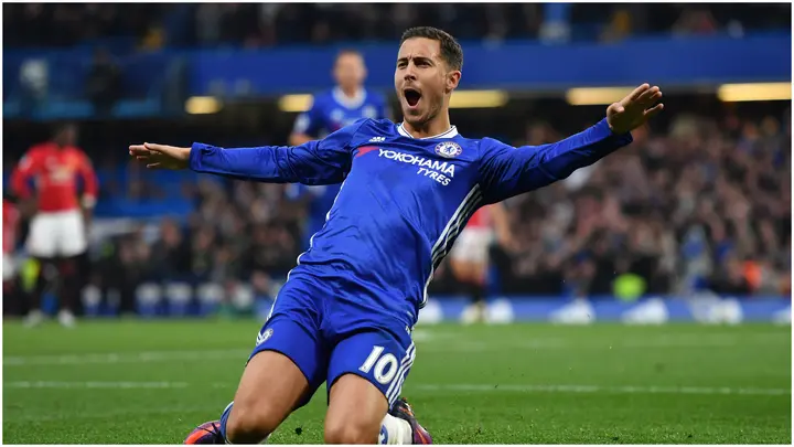 Eden Hazard celebrates during the Premier League match between Chelsea and Manchester United at Stamford Bridge. Photo by Mike Hewitt.