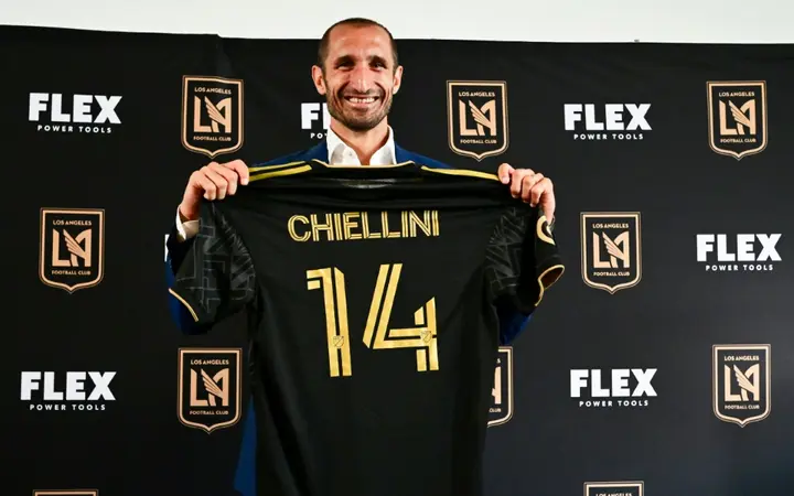 Perfect fit: Former Italy and Juventus defender Giorgio Chiellini poses with his jersey at a press conference introducing his arrival to Major League Soccer club Los Angeles FC