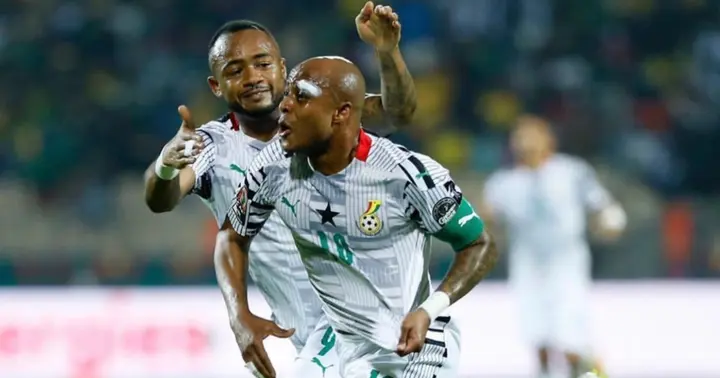 Andre Ayew and his brother celebrating the goal against Gabon. SOURCE: Twitter/ @ghanafaofficial
