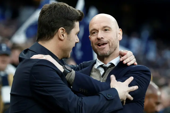 Chelsea boss Mauricio Pochettino (L) and Manchester United manager Erik Ten Hag last clashed in 2019