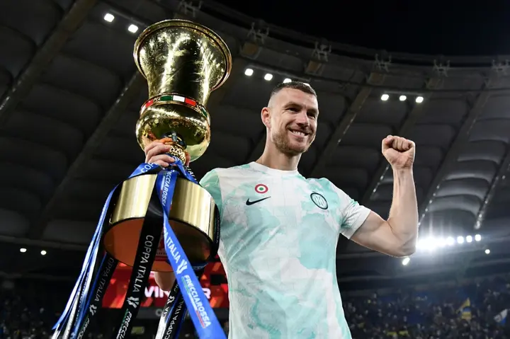 Inter's ex-Manchester City striker Edin Dzeko with the Coppa Italia trophy last month