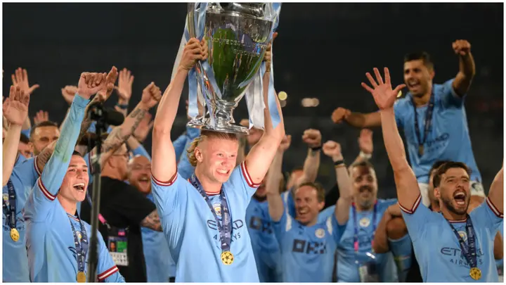 Manchester's Erling Haaland leads Champions League celebrations in Istanbul. Photo: Robert Michael.