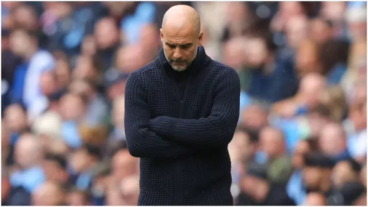 Pep Guardiola looks dejected during the Premier League match between Manchester City and Leeds United at Etihad Stadium. Photo by James Gill.