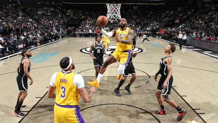 The Nike shoes of Los Angeles Lakers forward LeBron James (6) during the  game against the Utah Jazz at Crypto.com Arena.