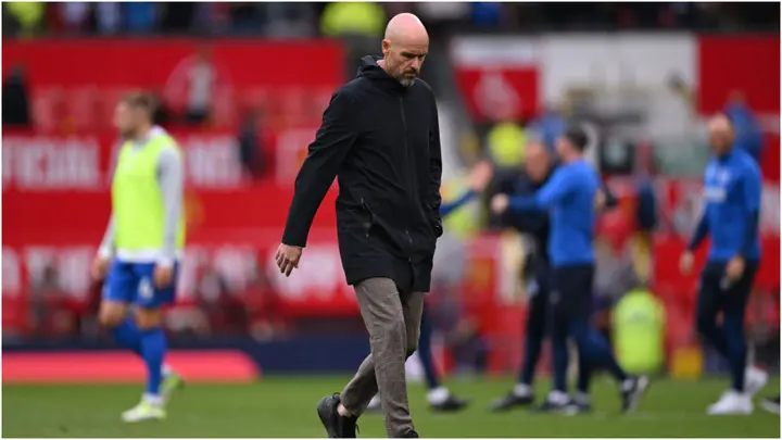 Erik ten Hag looks dejected after the Premier League match between Manchester United and Brighton & Hove Albion at Old Trafford. Photo by Michael Regan.