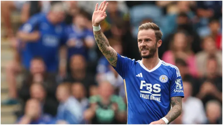 James Maddison reacts during the Premier League match between Leicester City and West Ham United at The King Power Stadium. Photo by James Williamson.