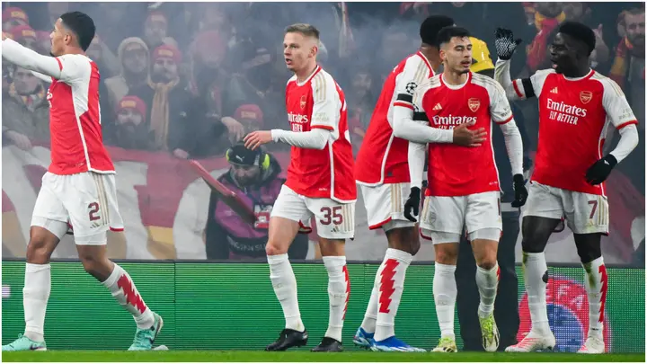 Arsenal players celebrate during the UEFA Champions League against Racing Club de Lens at the Emirates Stadium. Photo by Anthony Dibon.