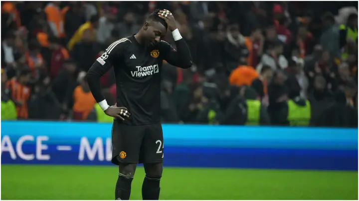 Andre Onana looks dejected after the UEFA Champions League match between Galatasaray and Manchester United. Photo by Seskim Photo.