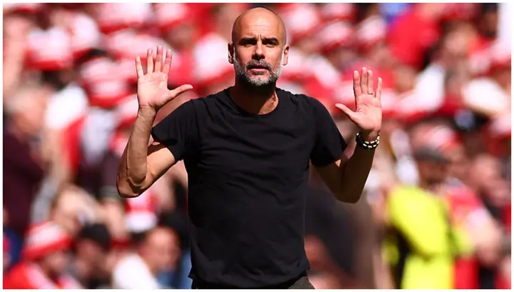 Manchester City manager Pep Guardiola reacts during the Emirates FA Cup Final between Manchester City and Manchester United at Wembley Stadium. Photo by Chris Brunskill.