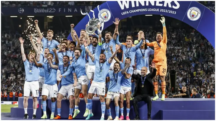 Manchester City stars celebrate after winning the UEFA Champions League final at Ataturk Olympic Stadium. Photo by ANP.