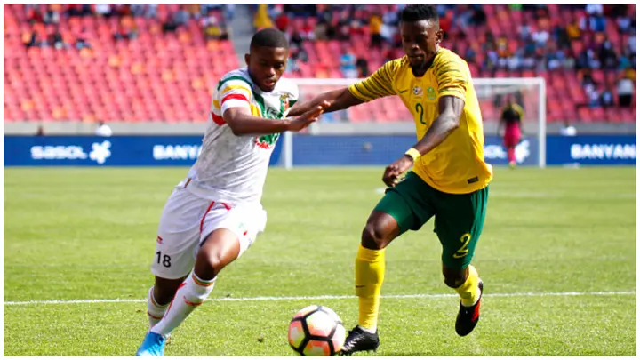 Innocent Maela(R) in action against Mali in an international friendly match in 2019. Photo: Michael Sheehan. 