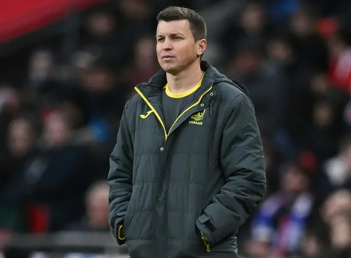 Ukraine's interim head coach Ruslan Rotan watches his team in action against England at Wembley